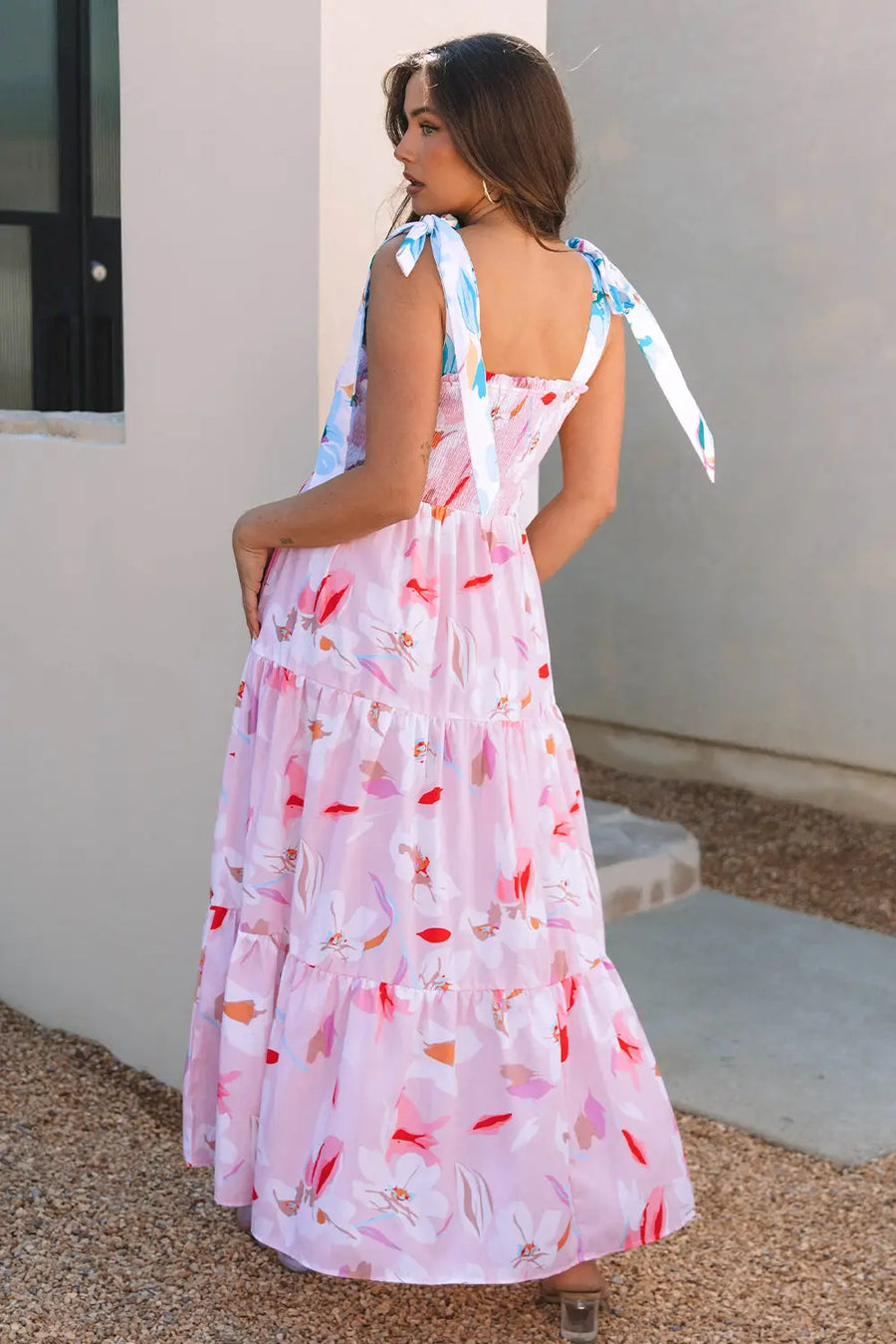 Pink Floral Knotted Shoulder Smocked Maxi Dress Women UK — back view