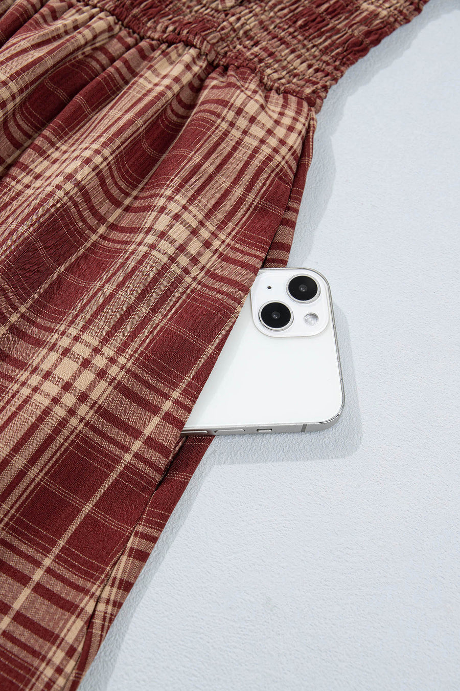 Red Vintage Plaid Knot Front Smocked Midi Dress