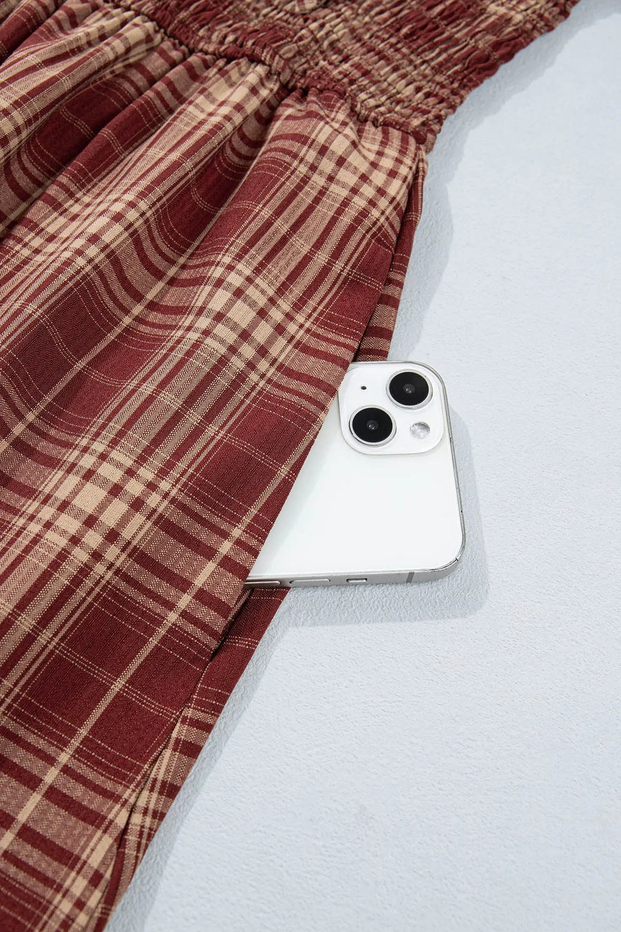 Red Vintage Plaid Knot Front Smocked Midi Dress