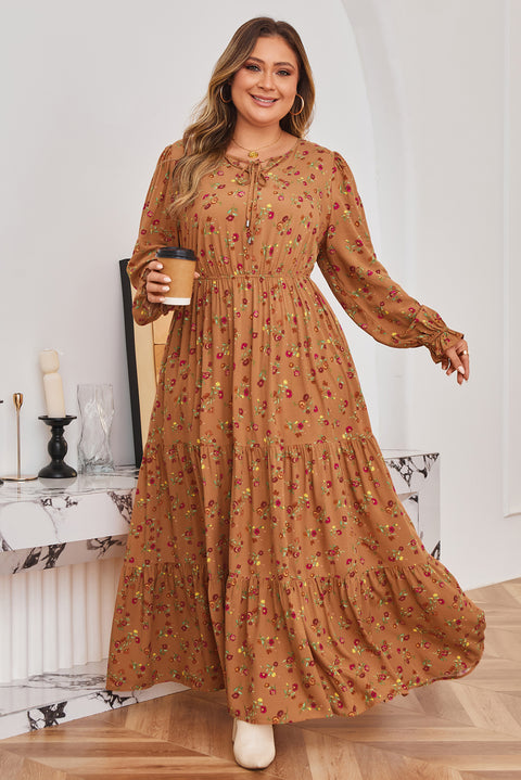Brown Plus Size Floral Split V Neck Ruffled Sleeve Maxi Dress Women UK — front view