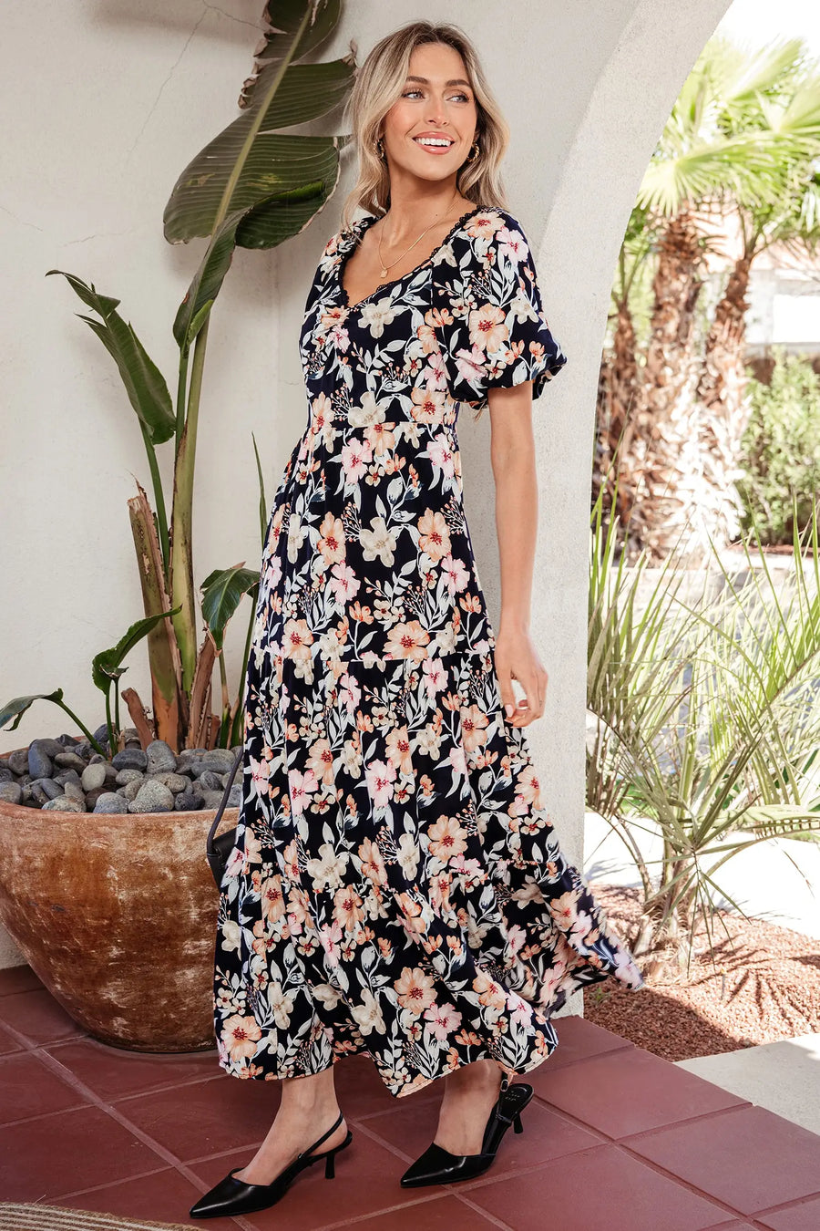 Blue Floral Short Sleeve Smocked High Waist Maxi Dress Women UK — full length