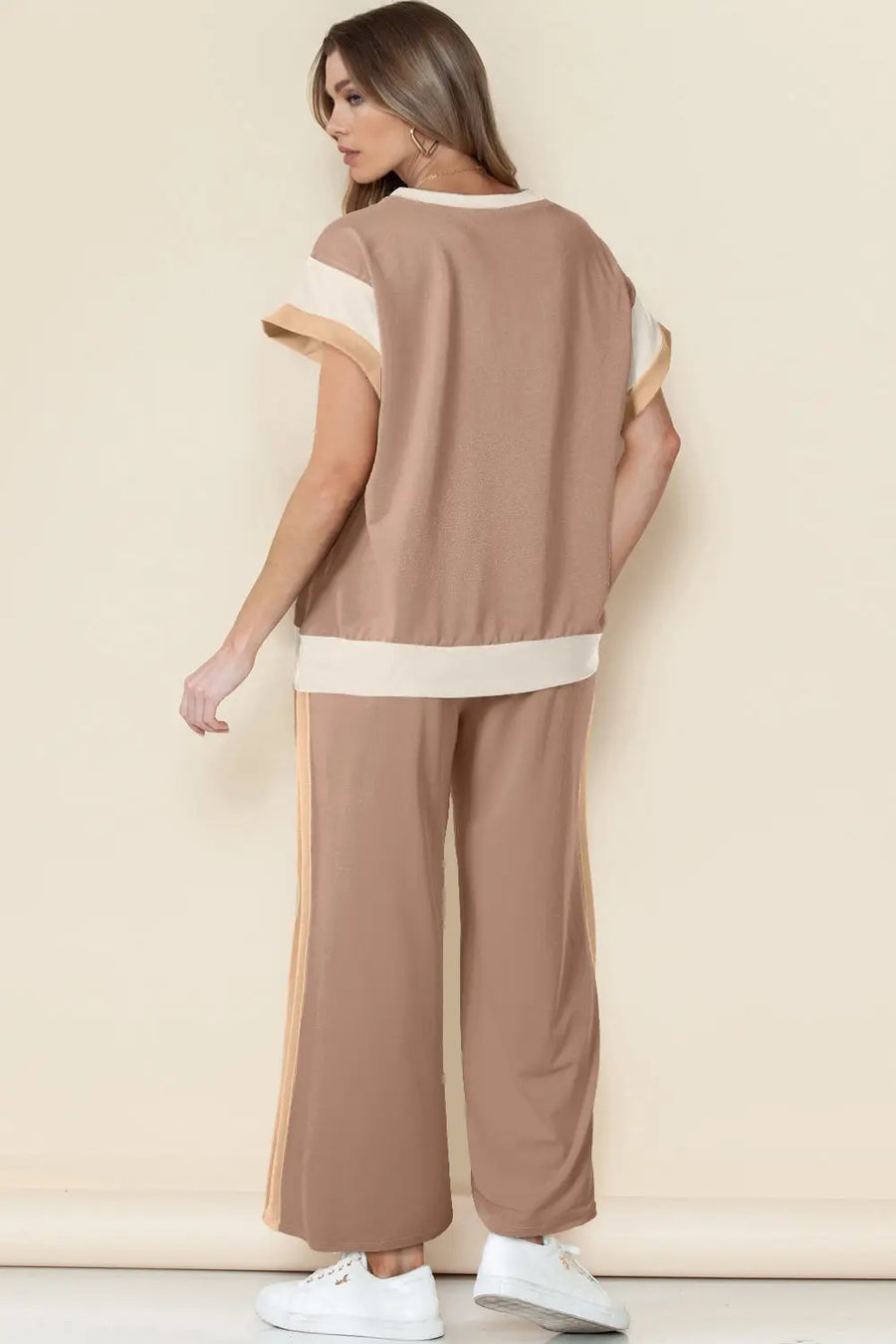 Colour block two piece set cap sleeve wide leg pants women uk