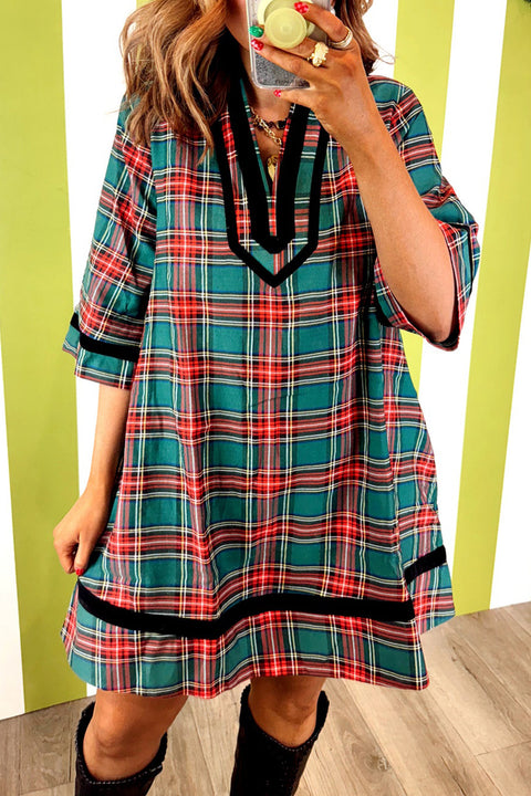 Green plaid velvet trim pocket shift mini dress women UK front view