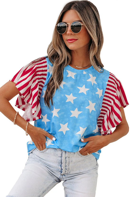 Sky blue vintage star print striped ruffle sleeve top blouses