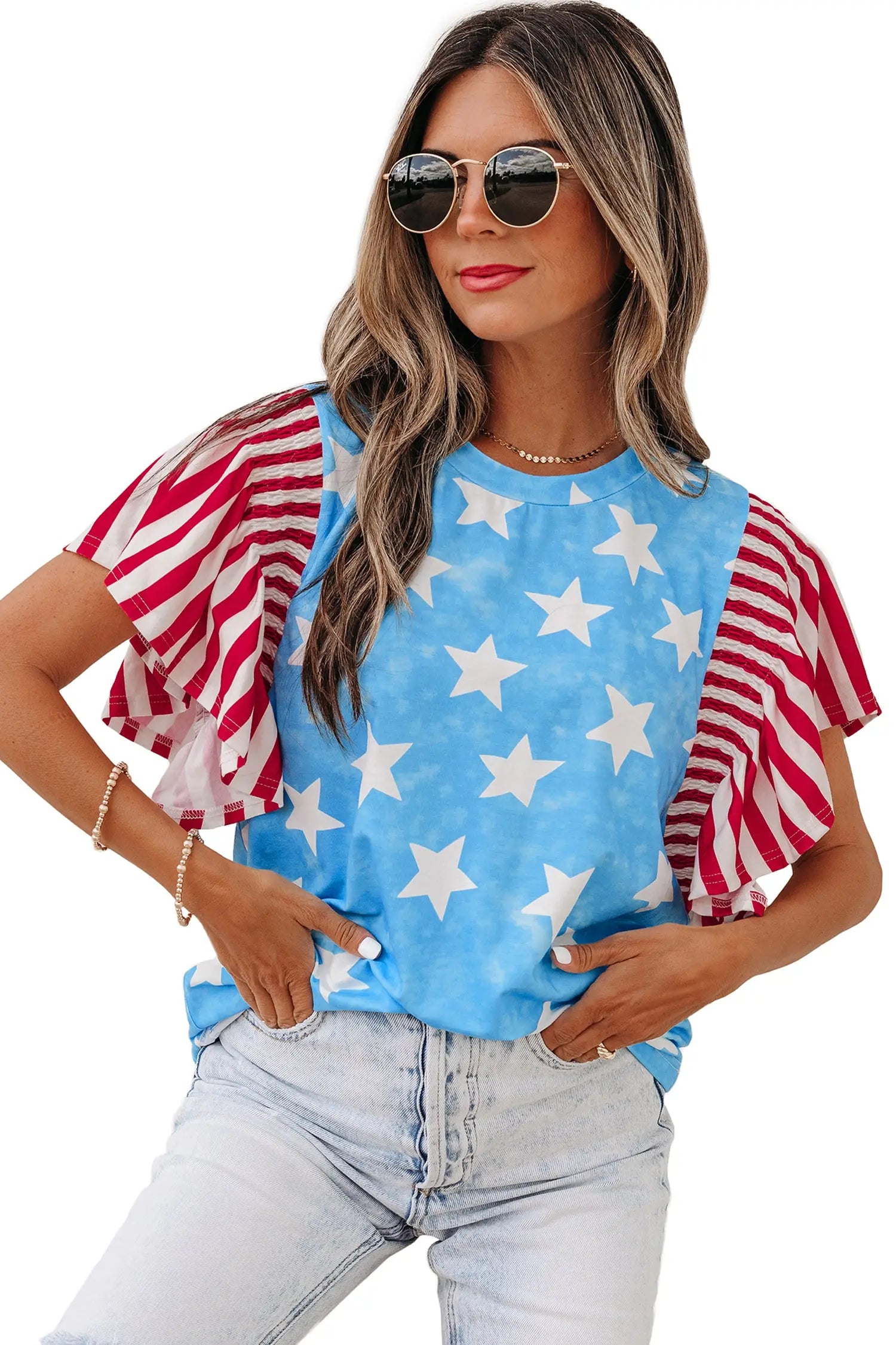 Sky blue vintage star print striped ruffle sleeve top blouses