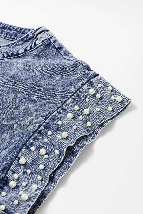 Denim Top - Dusk Blue Acid Wash Pearl Embellishments - Fashionfitz