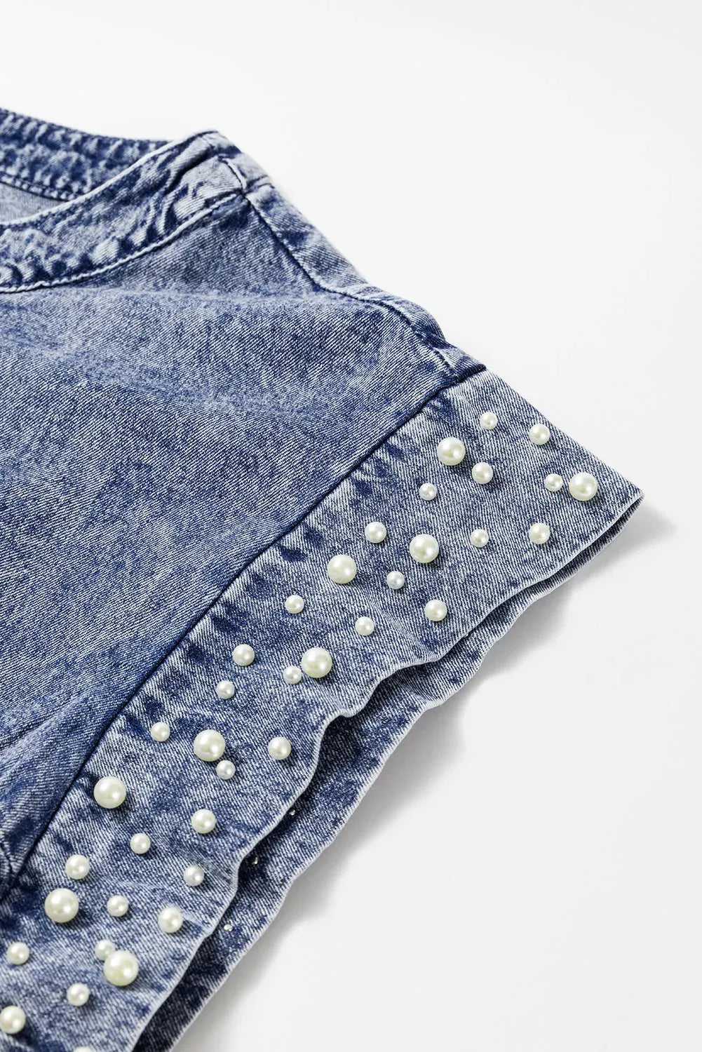 Denim Top - Dusk Blue Acid Wash Pearl Embellishments - Fashionfitz