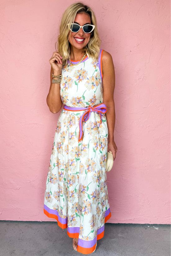 Floral Print Colour Block Belted Maxi Dress Sleeveless Side Pockets