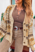 Open front look of Women's Khaki Western Pattern Knit Cardigan paired with a brown henley top. Western-inspired casual outfit.