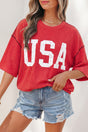 USA Graphic Ribbed Half Sleeve Loose Top Round Neck Tunic Length — front view | Fashionfitz UK