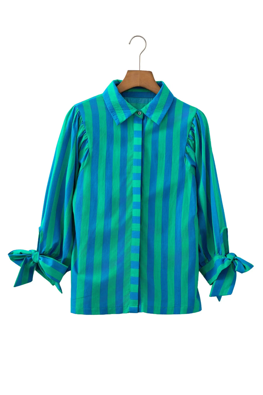 Stripe Tie Puff Sleeve Button Down Shirt Women UK