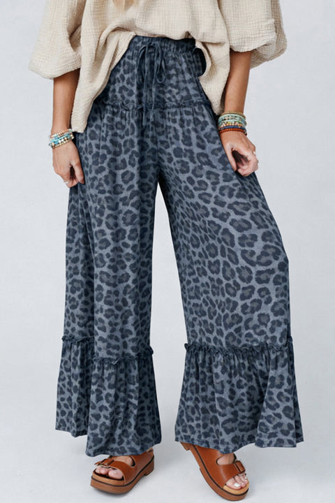 Leopard Print Frilled Hem Drawstring Wide Leg Pants Women UK