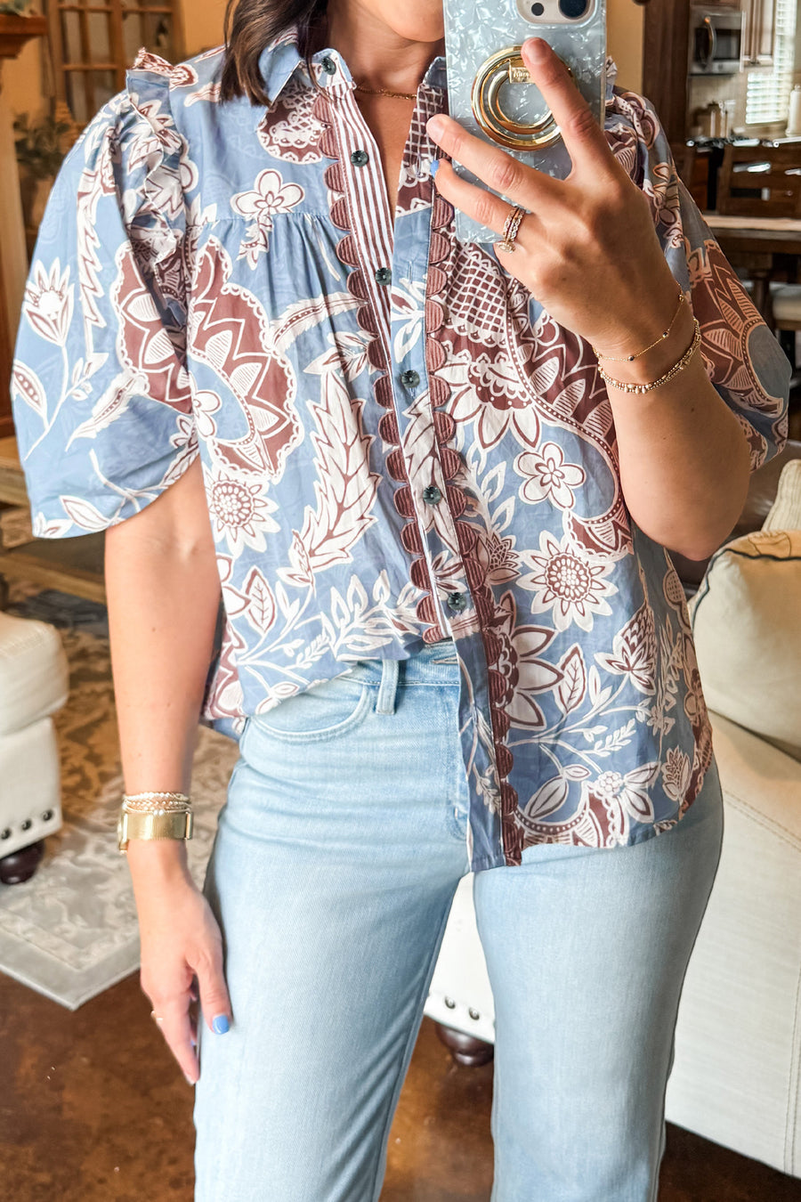 Boho Floral Scalloped Trim Short Sleeve Shirt Women UK