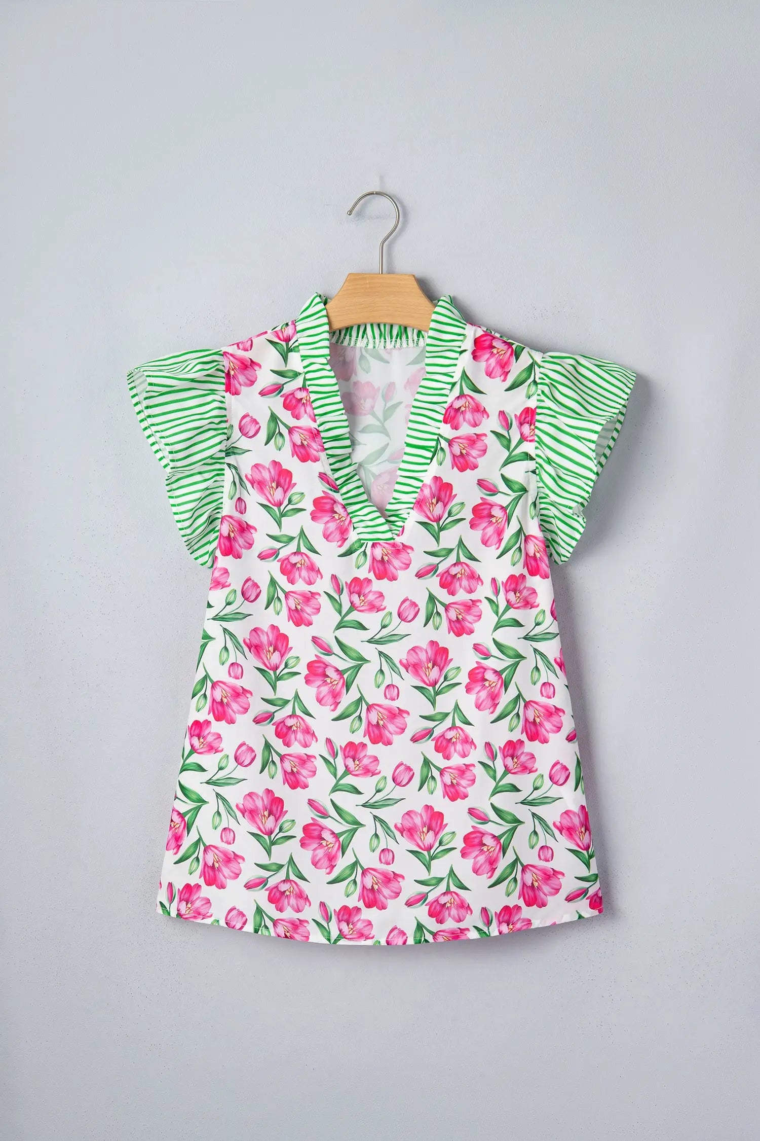 Multicolour sweet floral print striped ruffle trim v neck blouse blouses