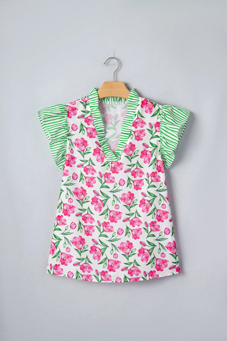 Multicolour sweet floral print striped ruffle trim v neck blouse blouses