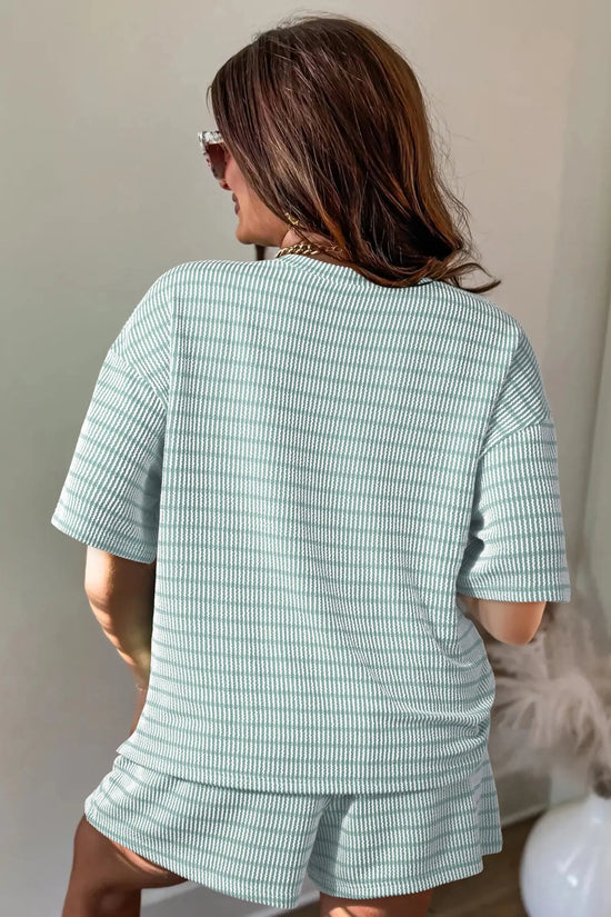 Rose stripe raised rib loose tee drawstring elastic waist 2pcs short set