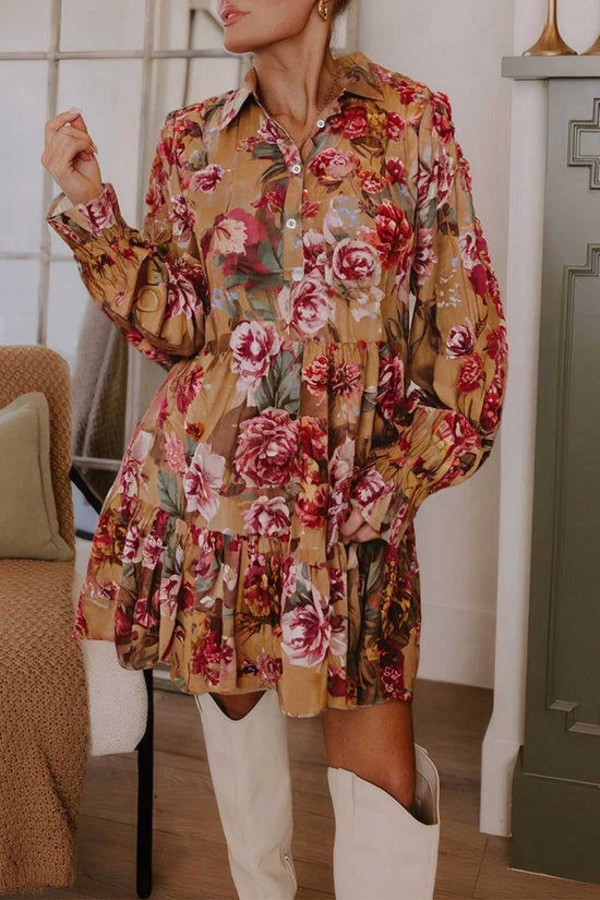 Retro Floral Ruffle Mini Dress in brown with long sleeves and red floral print, styled for fall partywear with white boots.