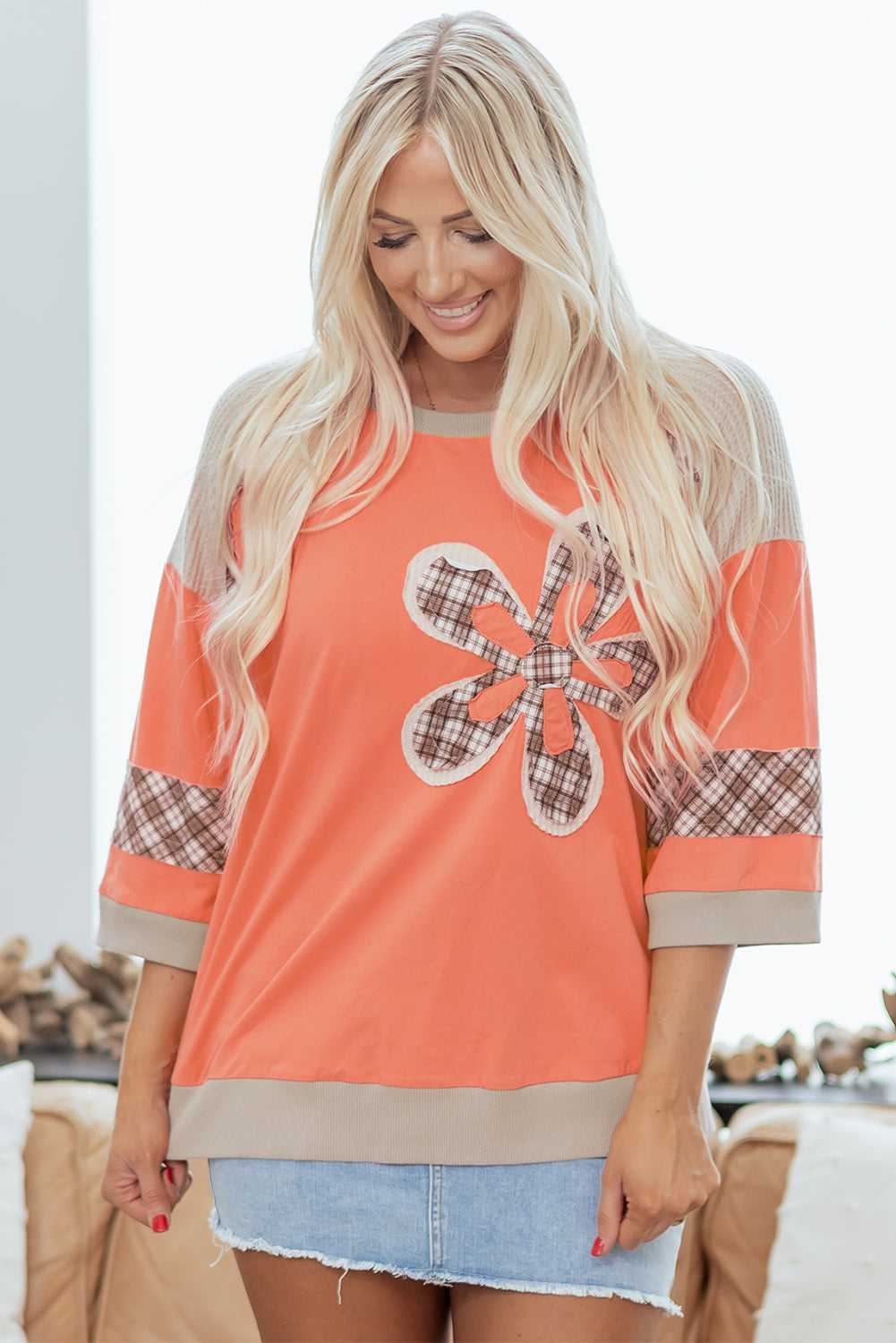 Orange Plaid Floral Top