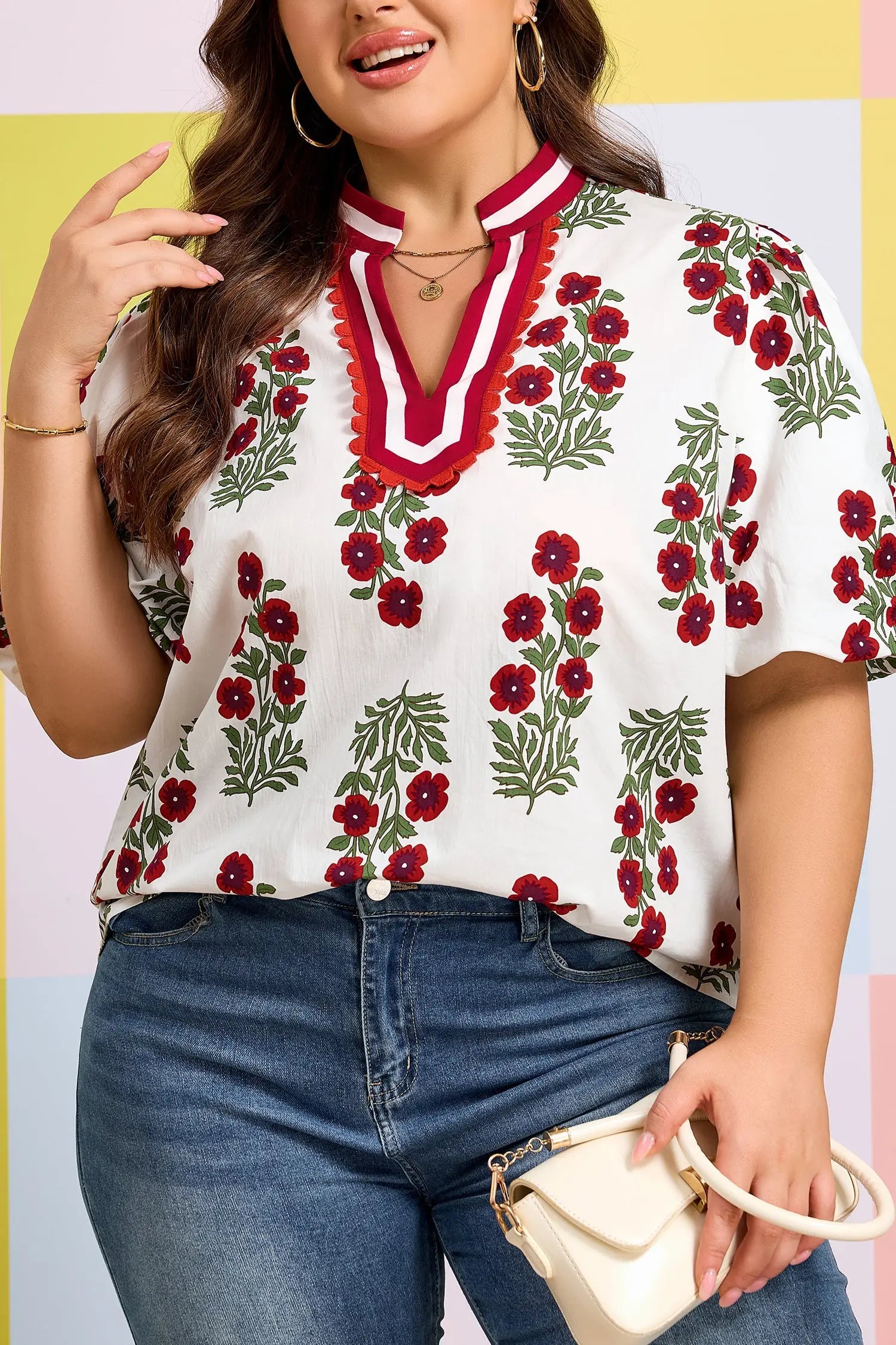 Plus size floral ricrac trim cotton blouse puff sleeve v neck colourblock blouses