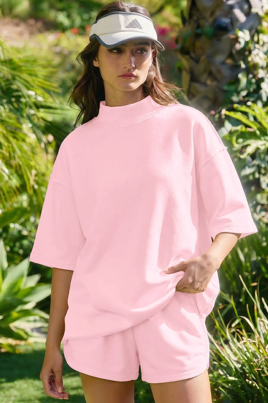 Exposed seam mock neck oversized tee shorts two piece set pockets outfit sets
