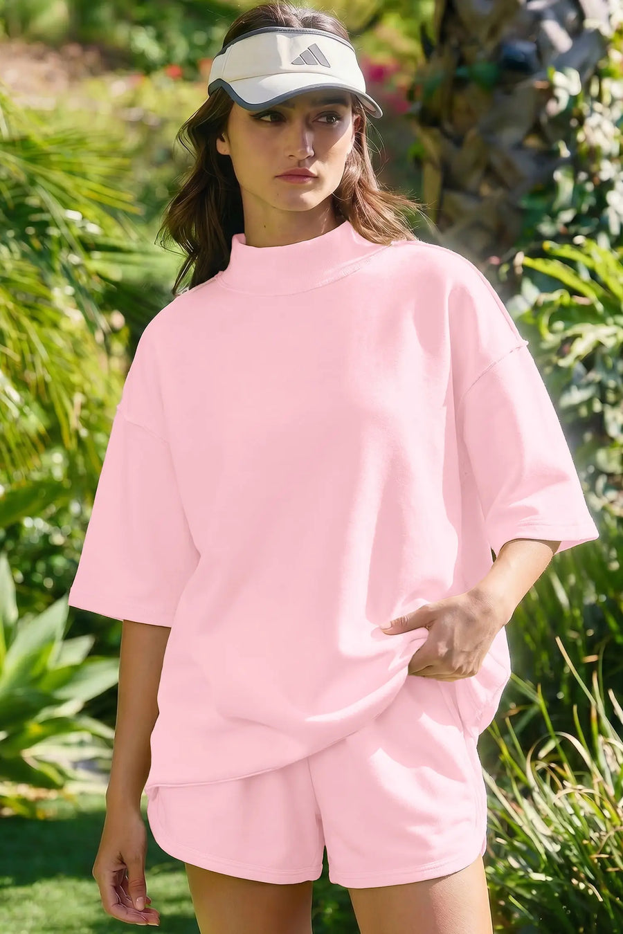 Exposed seam mock neck oversized tee shorts two piece set pockets outfit sets