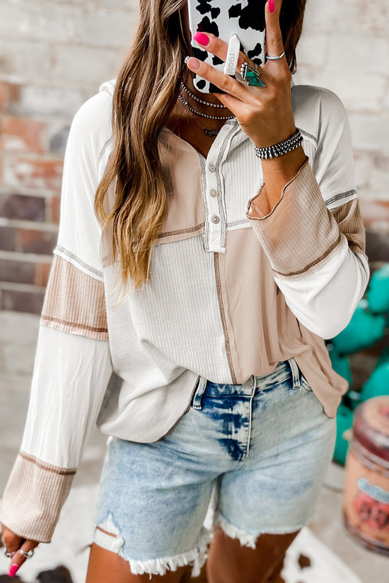 Color-Block Seamed Ribbed Henley Hoodie