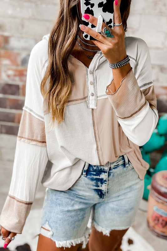 Color-Block Seamed Ribbed Henley Hoodie