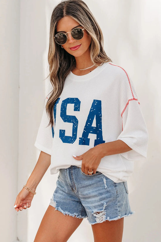 Usa graphic ribbed half sleeve loose top round neck tunic length tunics