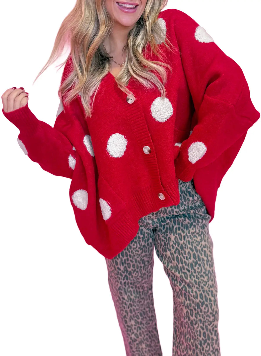 Polka Dot Button Front Oversized V-Neck Cardigan