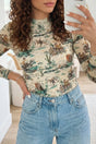 Green western print long sleeve round neck slim top front view — Fashionfitz UK