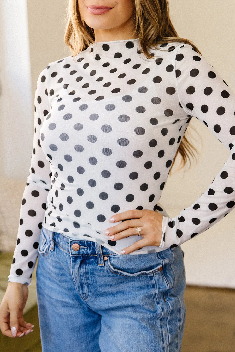 Polka Dot Sheer Long Sleeve Round Neck Top Women UK — back view second option | Fashionfitz UK