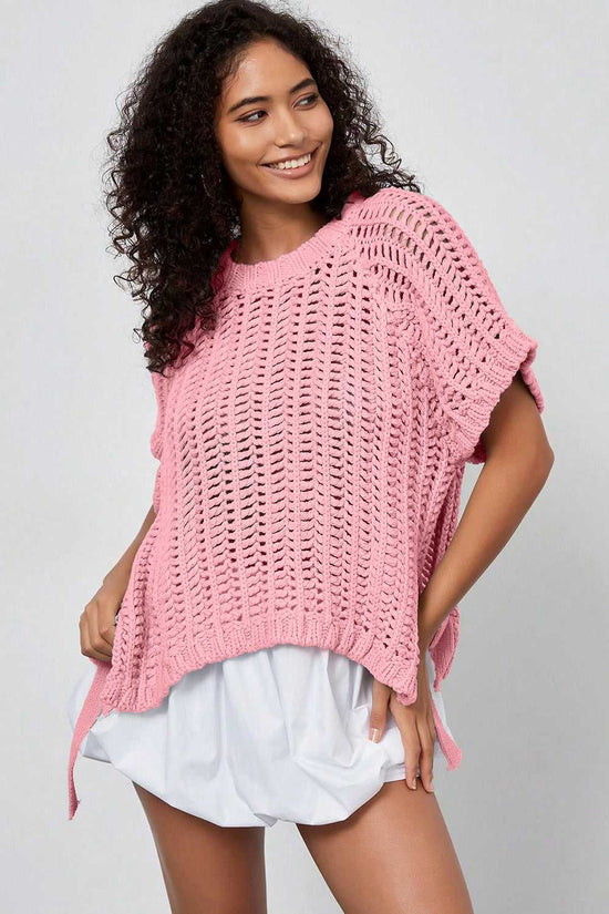 Front angled view of pink Plus Size Bow Tie Open‑Knit Jumper for Women styled for summer with lightweight texture.
