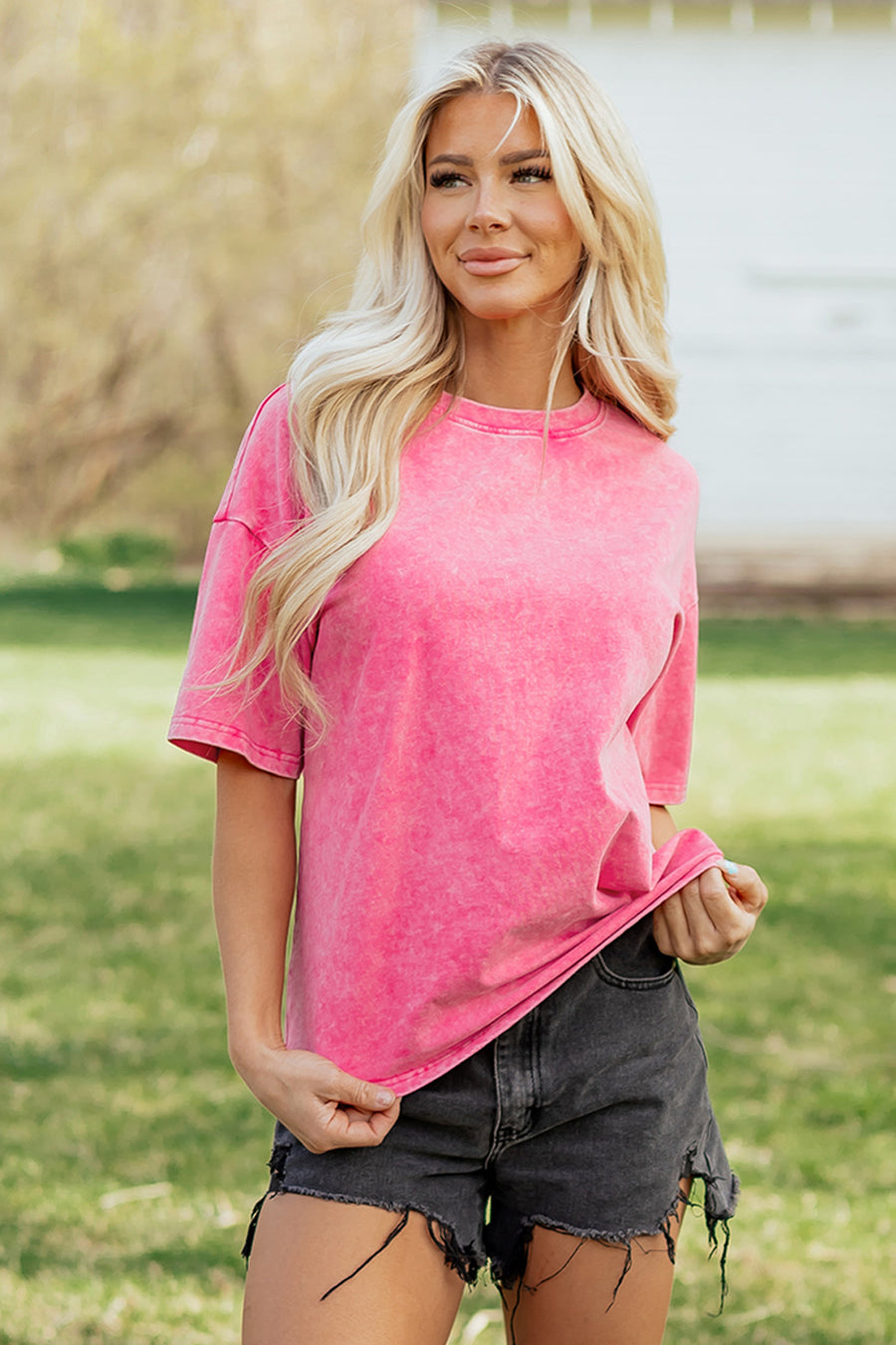 Mineral Washed Oversized Cotton Tee Drop Shoulder Round Neck Tunic Length