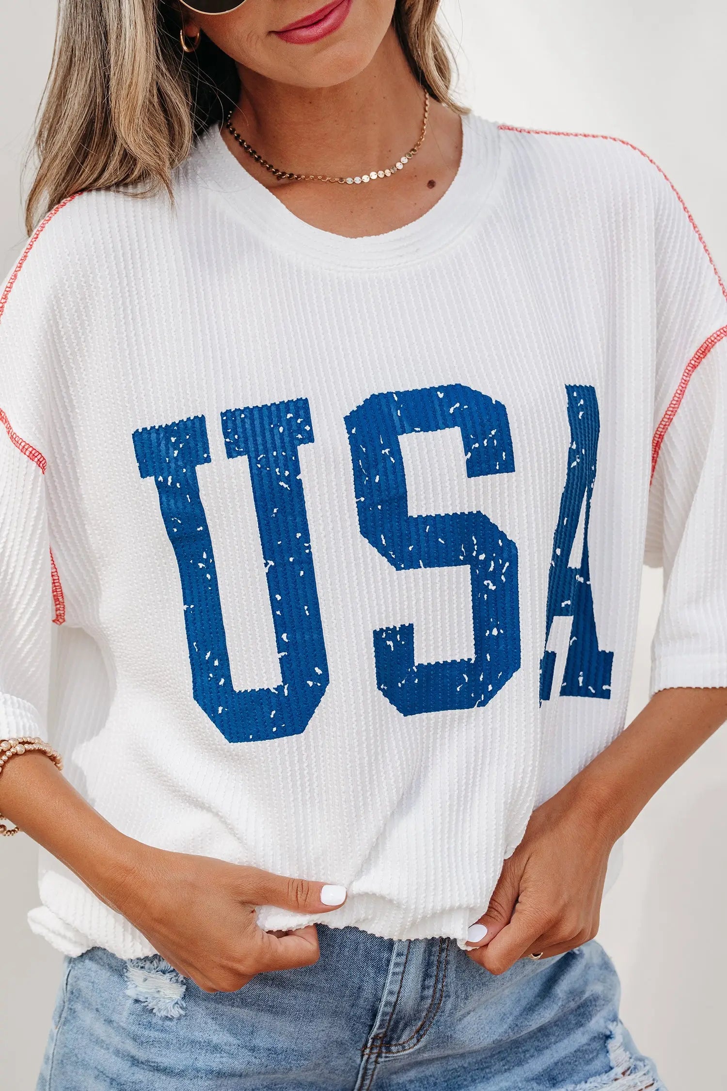 Usa graphic ribbed half sleeve loose top round neck tunic length tunics