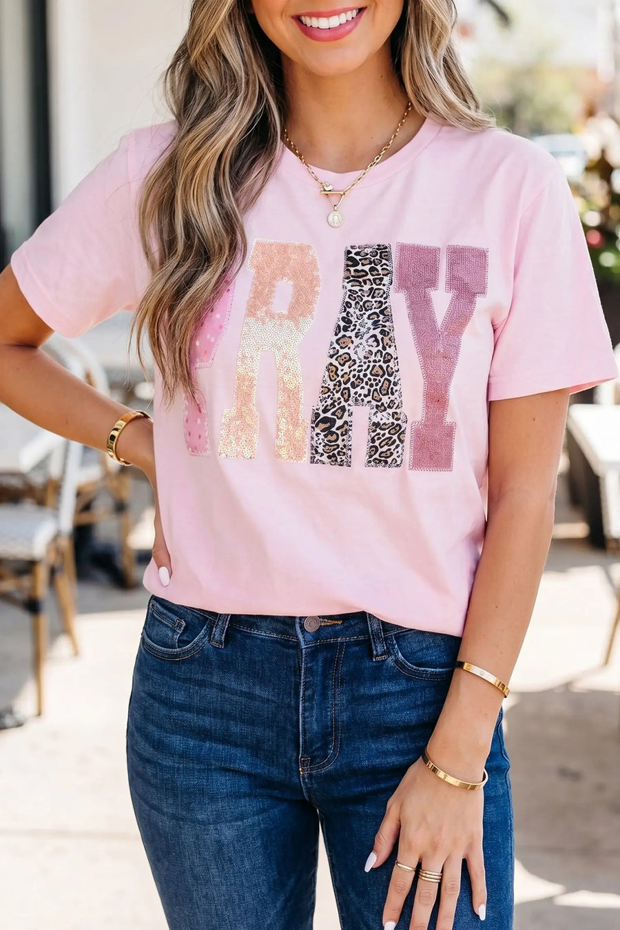 Pink Pray Sequin Leopard Patched Graphic Tee Women UK