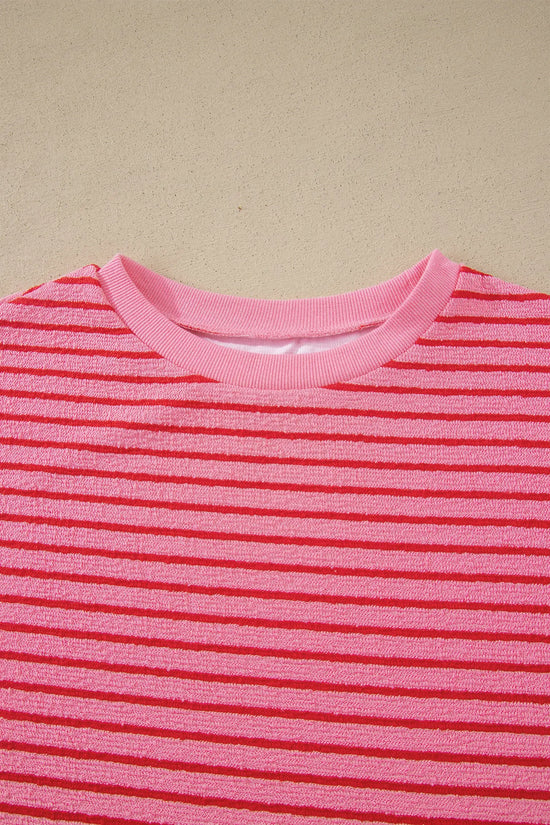 Rose stripe side split knit tee & drawstring shorts co-ord set outfit sets