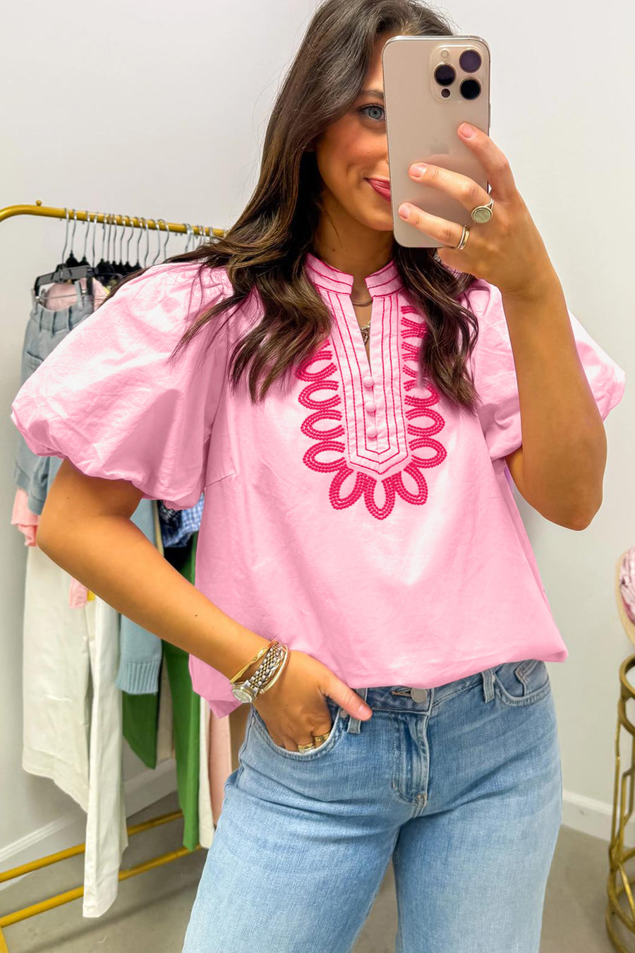 Boho Embroidered Puff Sleeve Cotton Blouse Women UK