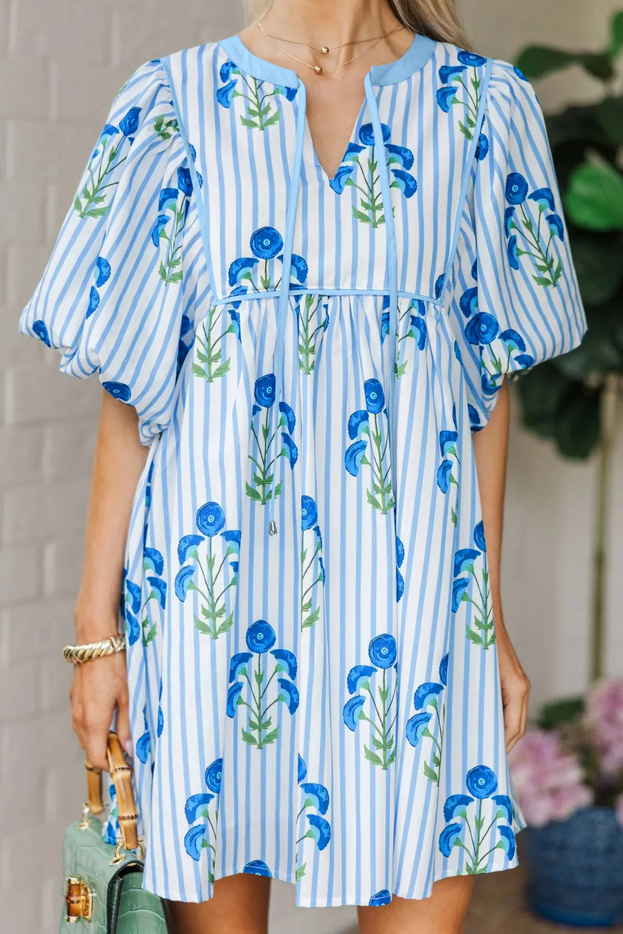Sky Blue Floral Tie Notched Neck Puff Sleeve Mini Dress Women UK — side detail