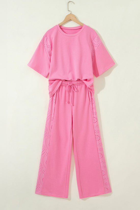Lace Patchwork Half Sleeve Top & Wide Leg Pants Two Piece Set