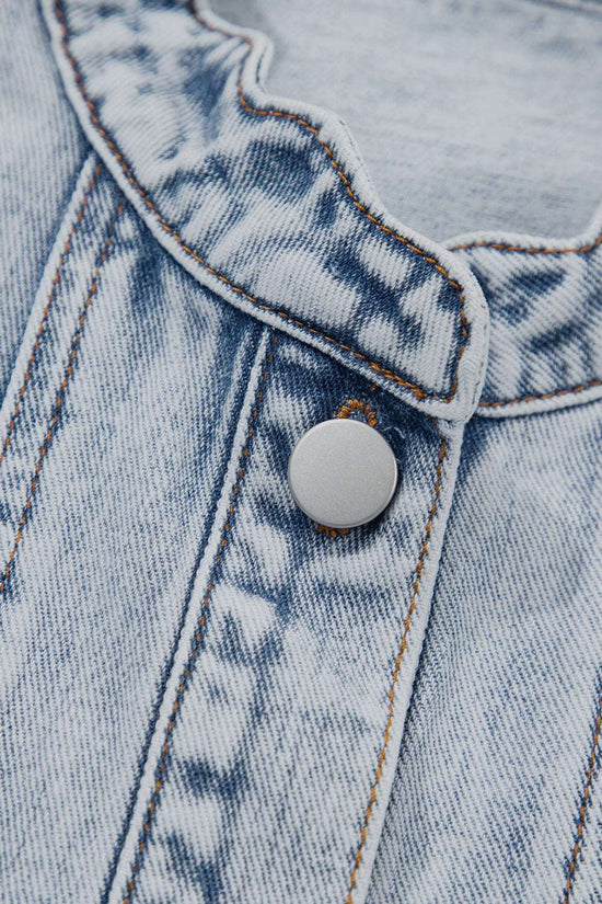 Macro view of snap button and scallop trim on Beau Blue Denim Waistcoat, highlighting texture and craftsmanship in casual vests.