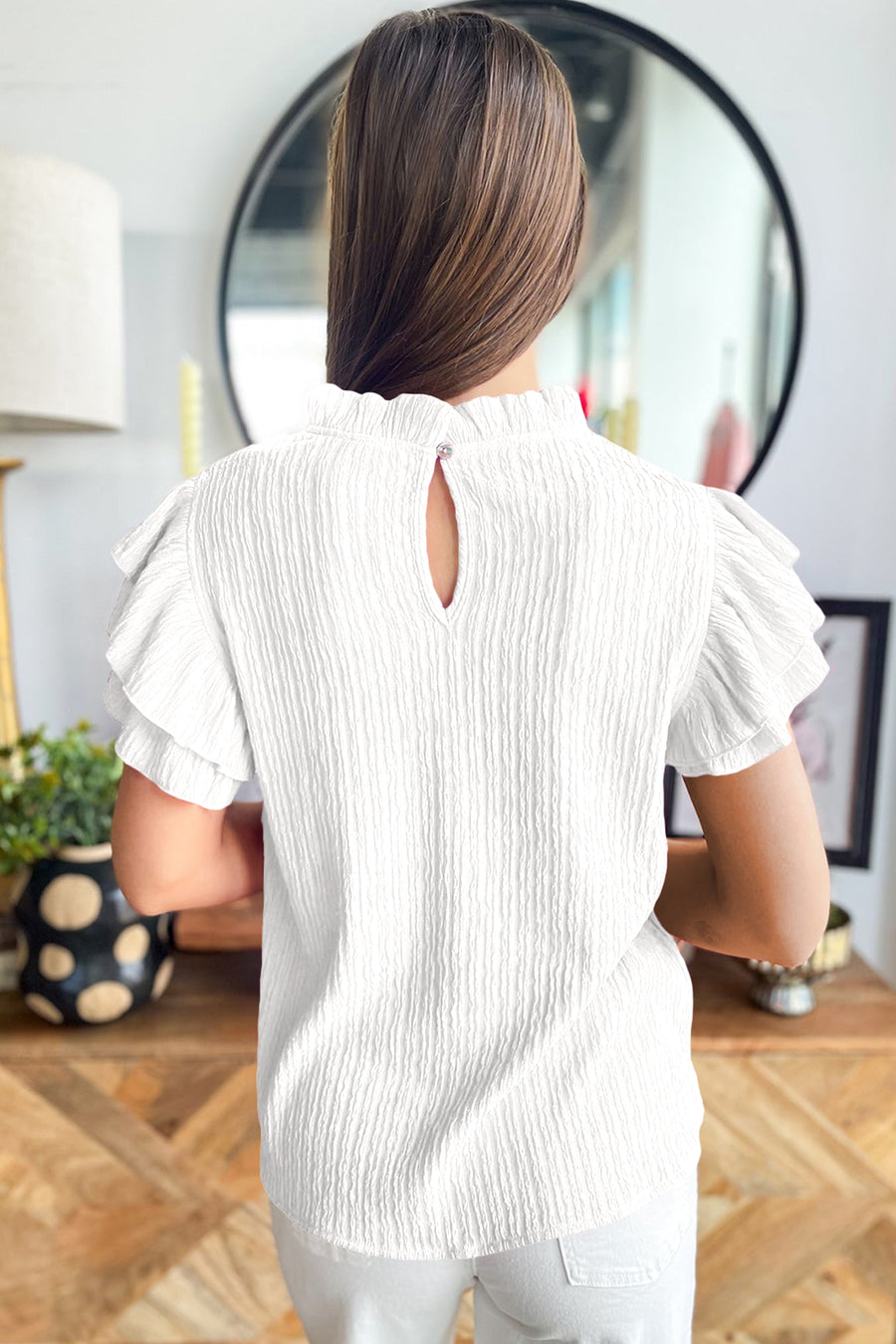Black Textured Ruffle Trim Short Sleeve Blouse Women UK