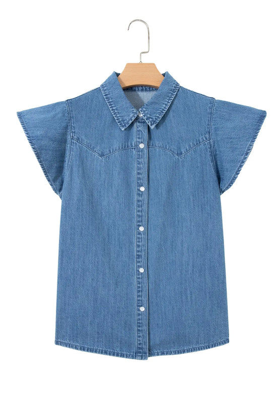 Dusk blue ruffled short sleeve denim shirt button down collar stitched yoke shirts