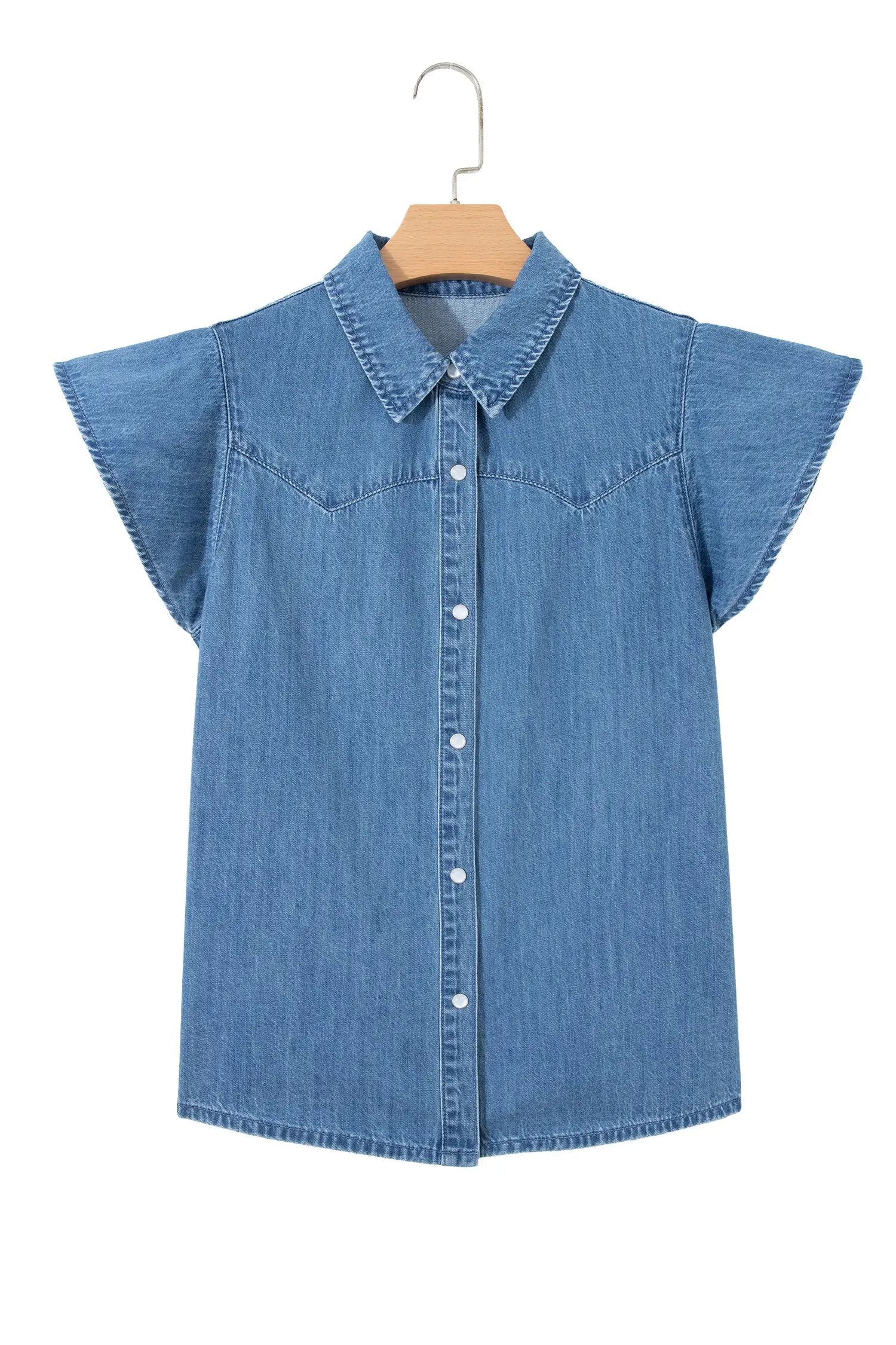 Dusk blue ruffled short sleeve denim shirt button down collar stitched yoke shirts