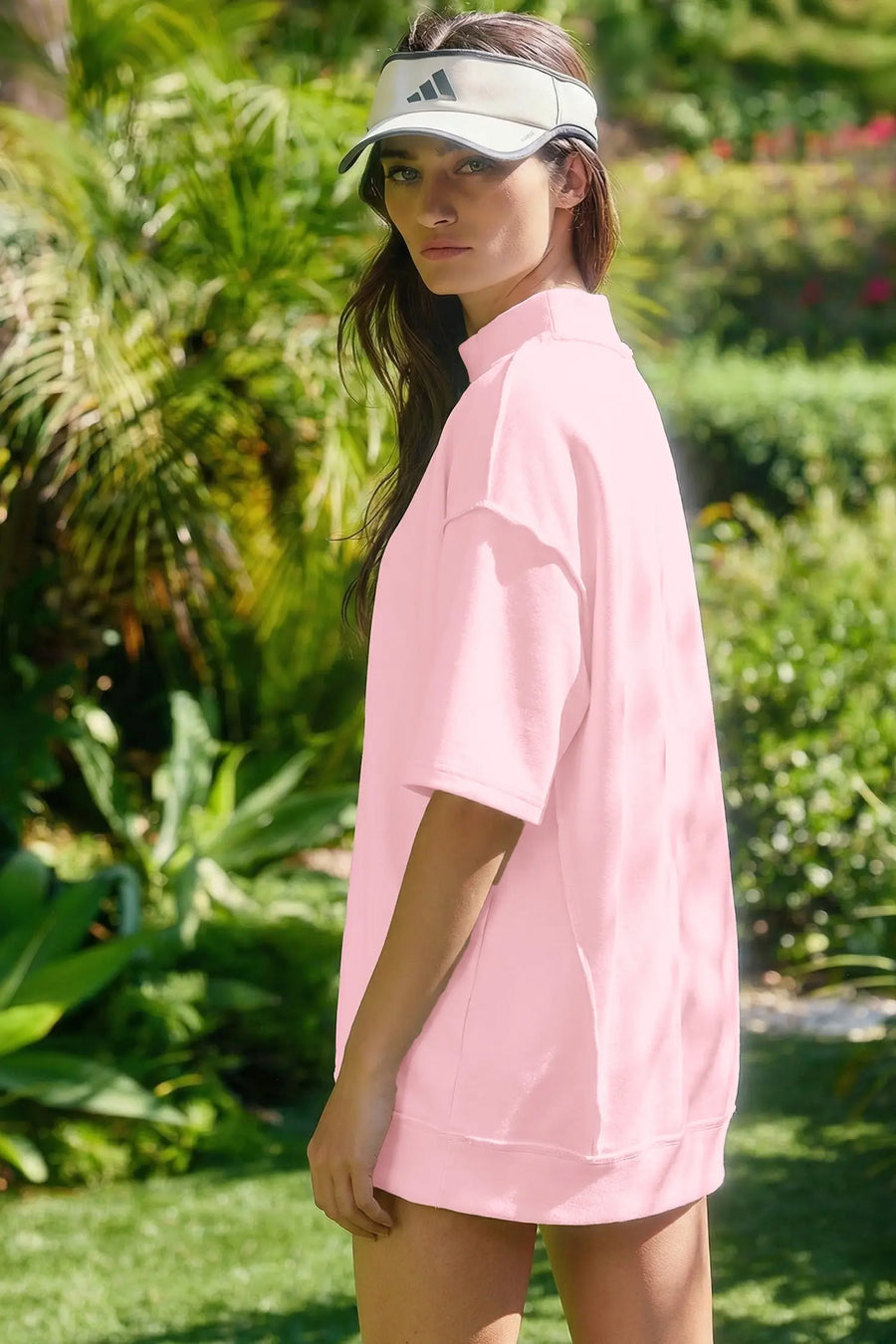 Exposed seam mock neck oversized tee shorts two piece set pockets outfit sets