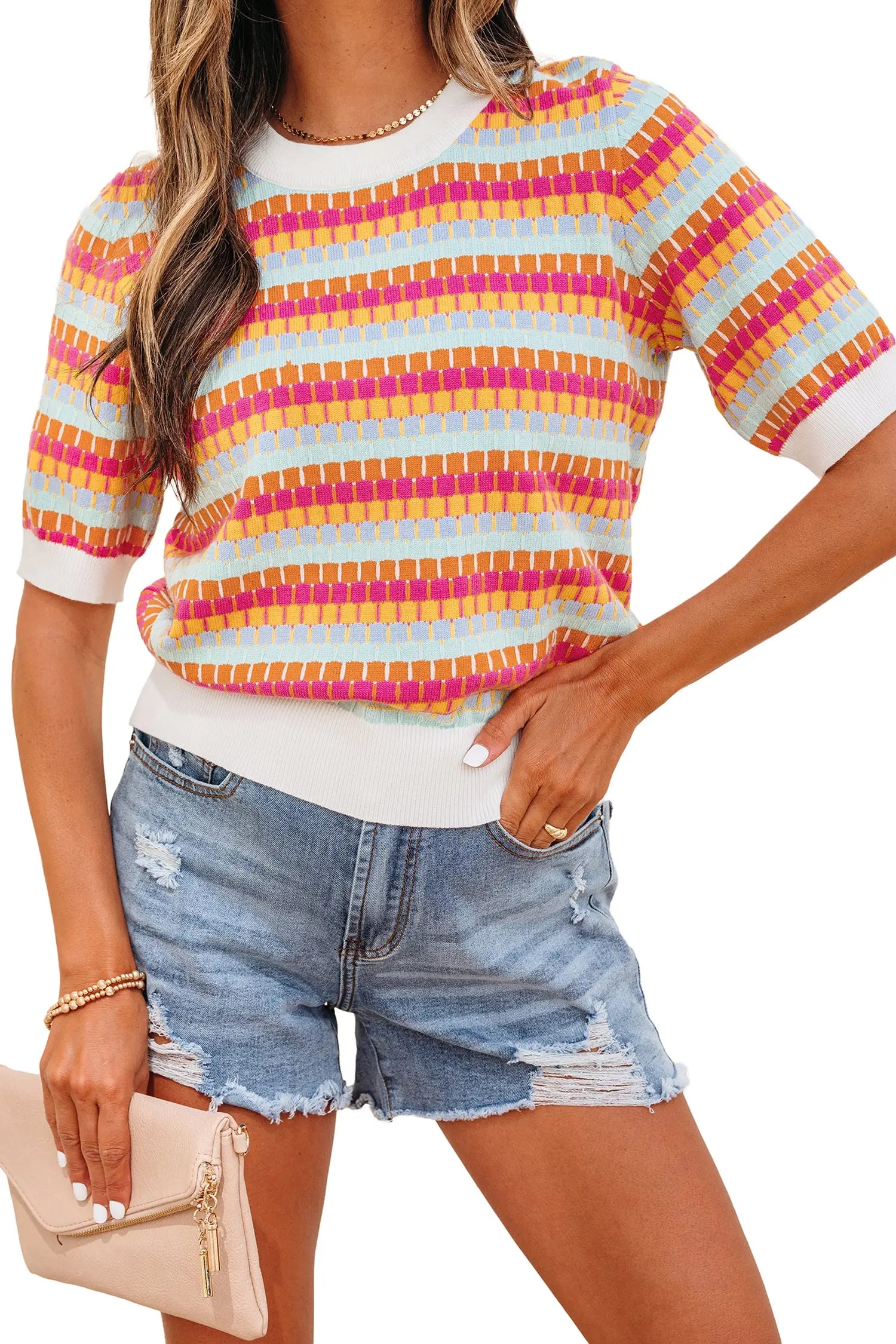 Abstract striped knit short sleeve sweater sweaters