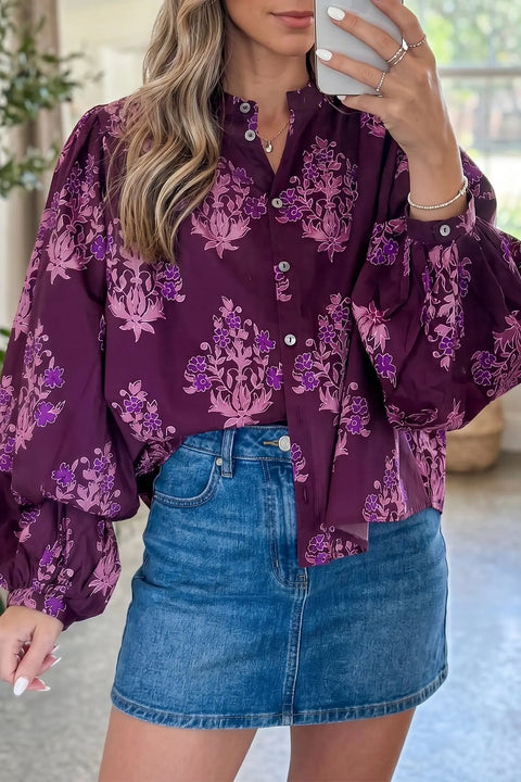 Floral print button-up long puff sleeve shirt front view — Fashionfitz UK