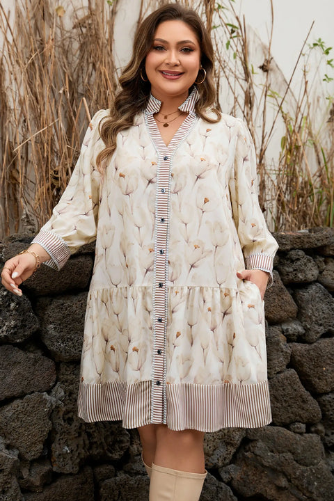 Khaki Plus Size Floral Patchwork Button Down Dress Women UK — front view
