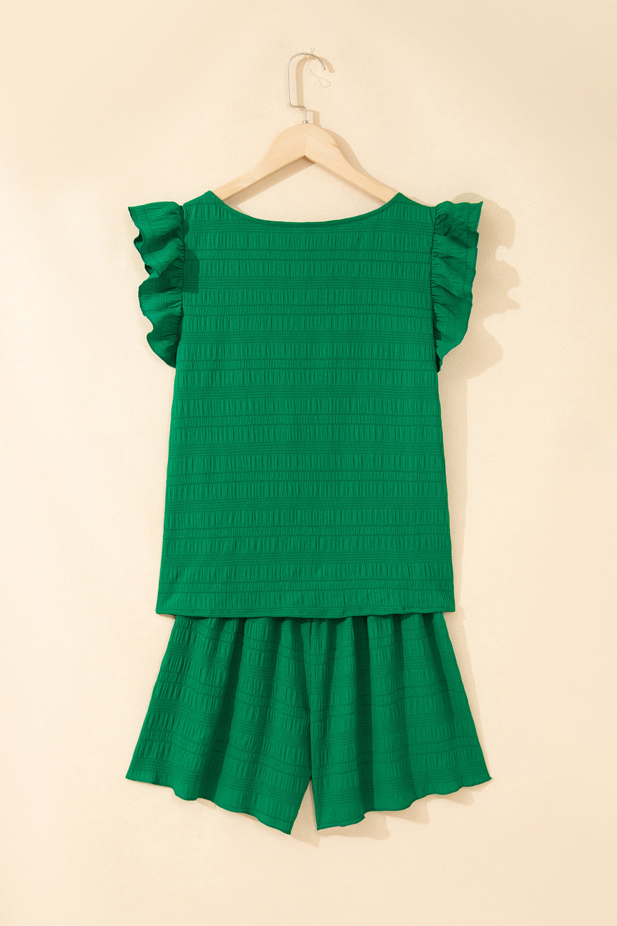 Textured Square Neck Cap Sleeve Top & Shirred High Waist Shorts Set