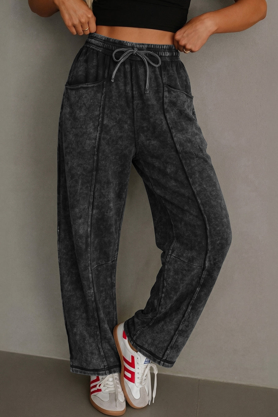 Mineral wash barrel leg drawstring trousers in black front view — Fashionfitz UK