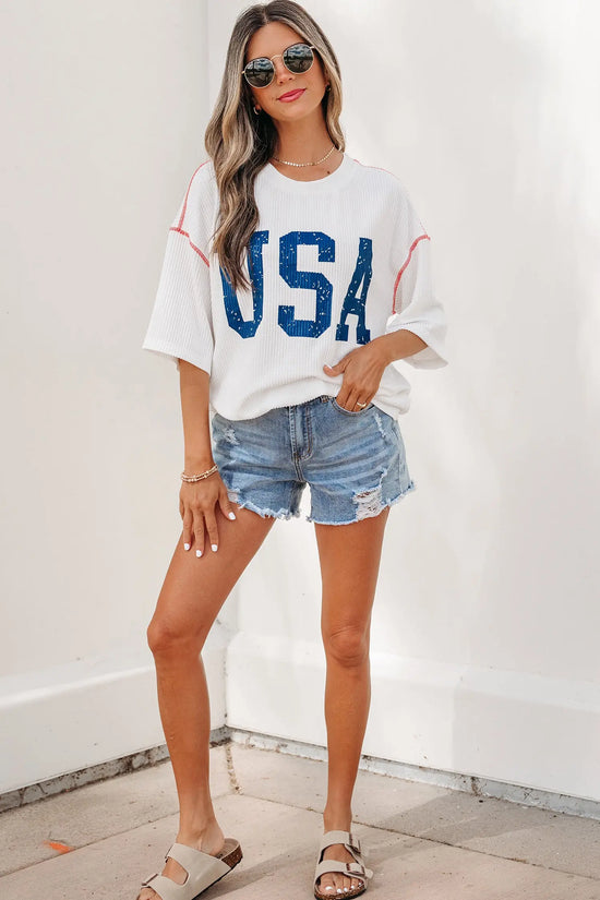 Usa graphic ribbed half sleeve loose top round neck tunic length tunics